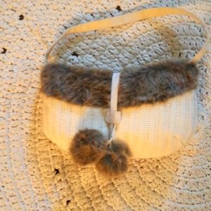 SALE BOHO  KNIT AND FAKE FUR BAG WITH POM POMS